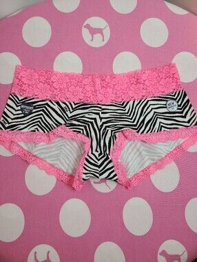 VTG VS PINK Lace Trim Cotton Low Rise Boyshort Panty Size Sm Zebra Stripe